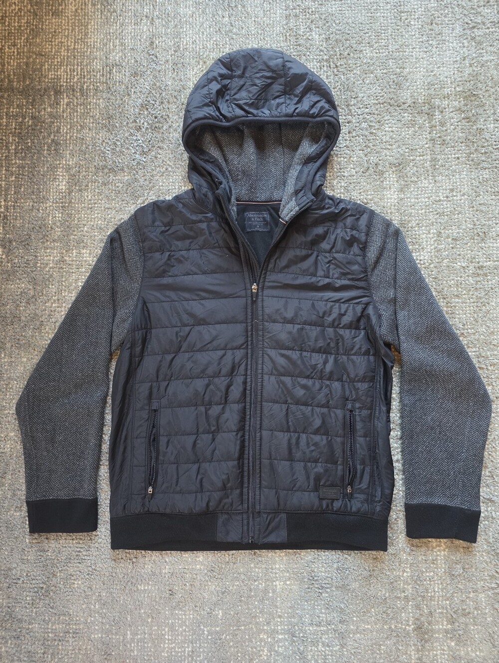 Abercrombie & Fitch Men’s M Black Gray Herringbone Hooded Puffer Hybrid Jacket